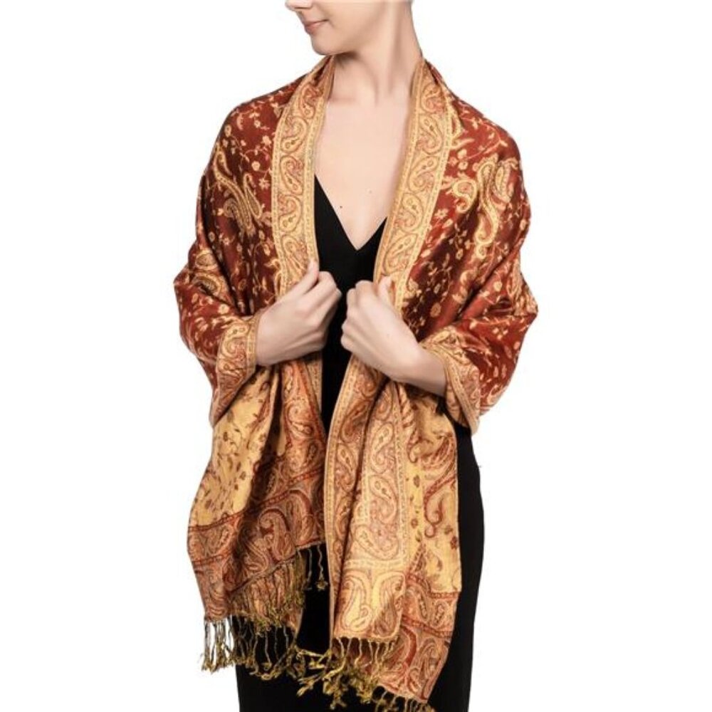 Soft Silky Reversible Paisley Pashmina Shawl Wrap Scarf, Rust